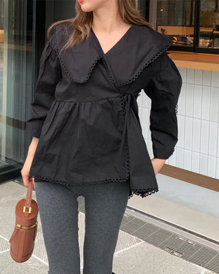 Punching Lace Wrap Peplum Blouse