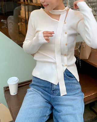 Asymmetrical Button Cardigan & Tie Set