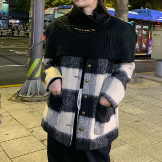 Knitted shawl set with checked jacket
