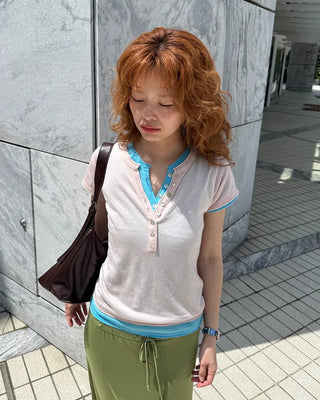 Henley Neck Button Point Half T-Shirt