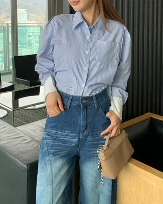 Striped two-tone cropped shirt