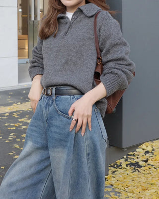 Button-collar long-sleeved knit