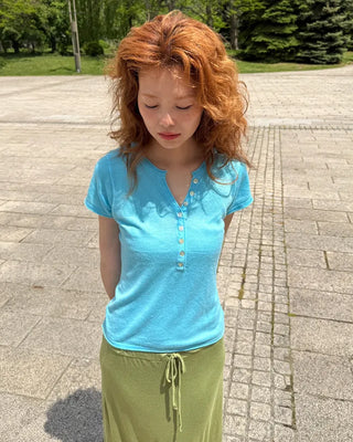 Henley Neck Button Point Half T-Shirt