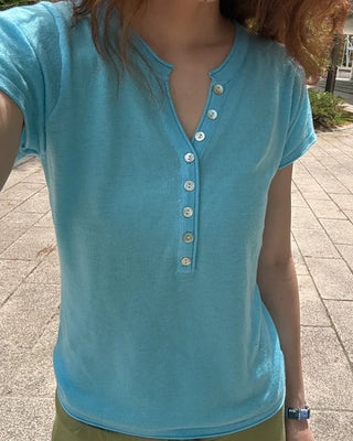 Henley Neck Button Point Half T-Shirt