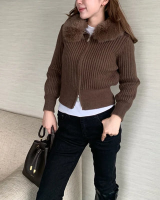 Fur collar knit cardigan