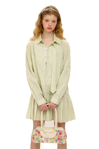 [Moromoro2] Crinkle Tie-Neck Pleated Shirt  Dress