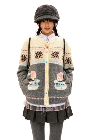 [Moromoro2] Snowman Fair Isle Knit Cardigan