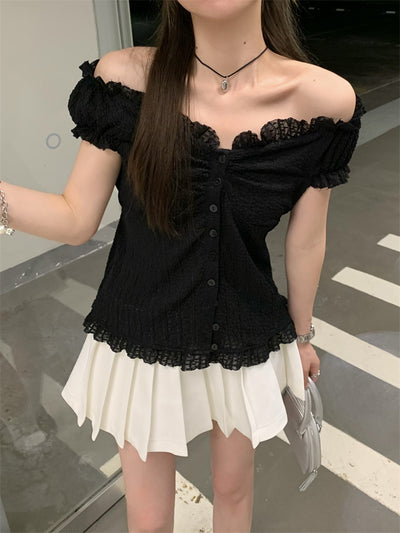 one-shoulder mesh lace top