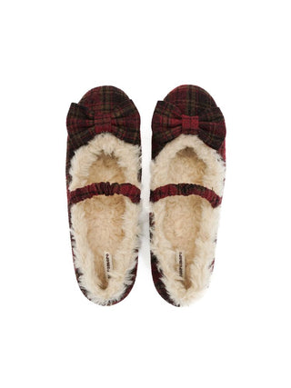 [Moromoro2] Plaid Bow Fur-Lined Ballet  Flats