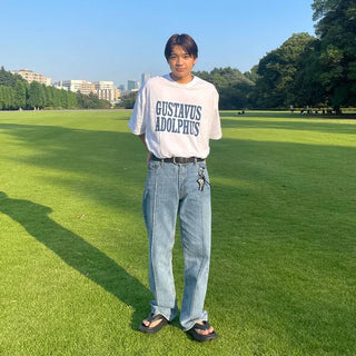 Straight-fit, center-creased denim pants