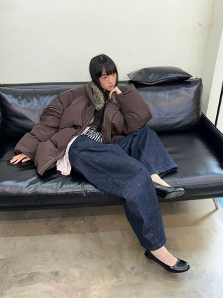 [NEVERSEEZ] Spliced Detachable Fur Collar Down Jacket