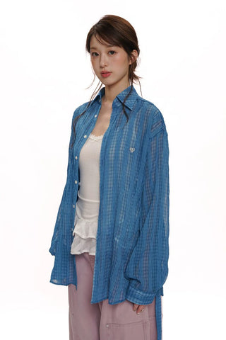 [Moromoro2] Sheer Plaid Mesh Tie-Back Shirt