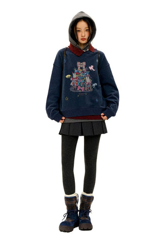 [Moromoro2] Bow Print Layered Hooded  Sweatshirt