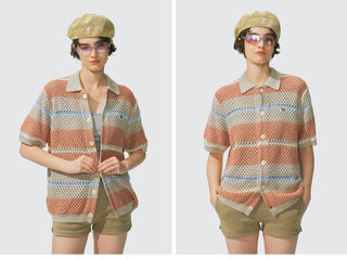 [Monterest] Open Knit Striped Short Sleeve Cardigan