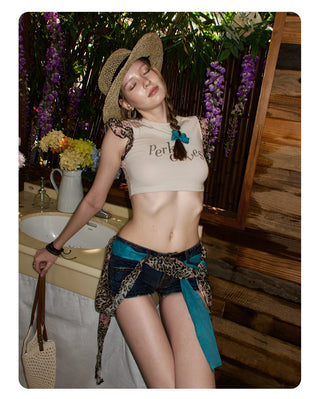 [NECY] New Vintage Floral Leopard Ribbon Denim Shorts