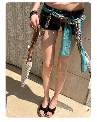 [NECY] New Vintage Floral Leopard Ribbon Denim Shorts