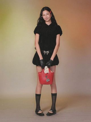 [Moromoro2] Velvet Puff Sleeve Bow Top & Bud  Skirt