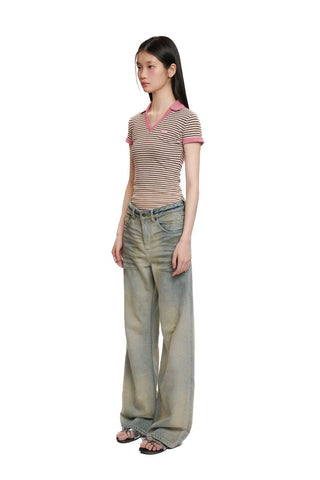 [Moromoro2] Washed Pleated Wide Leg Jeans