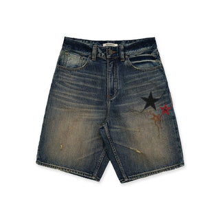 [Moromoro2] Star Plaid Patch Washed Straight  Jeans