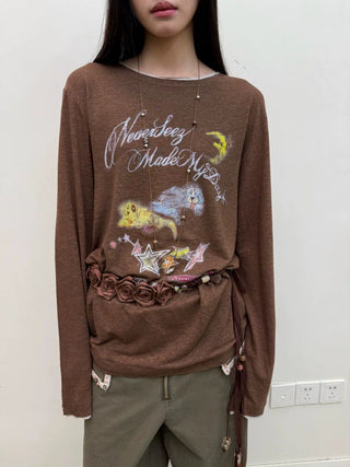 [NEVERSEEZ] Linen Blend Layered Neckline Long Sleeve Tee