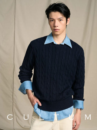 [CULTUM] Ivy Style Cable Knit Crewneck Sweater