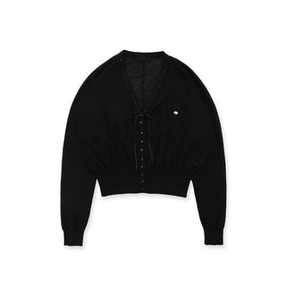 [Moromoro2] Tencel Linen Blend Lace Trim V-Neck  Cardigan