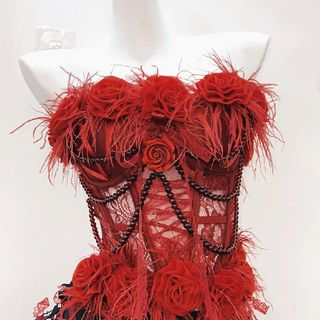 Flower applique lace hem beaded fluffy mini skirt set