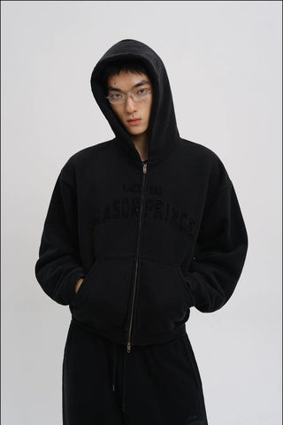 [MASONPRINCE] Washed Logo Applique Zip Hoodie Set