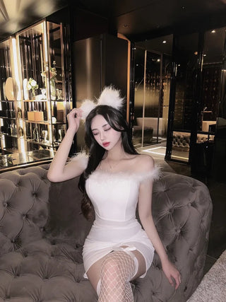 Feather-Trimmed Off-Shoulder Shirred Tulip Dress Sleeveless Party Look