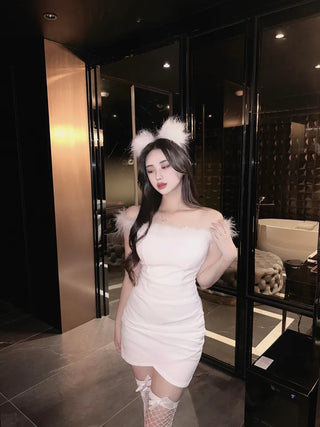 Feather-Trimmed Off-Shoulder Shirred Tulip Dress Sleeveless Party Look
