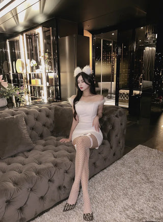 Feather-Trimmed Off-Shoulder Shirred Tulip Dress Sleeveless Party Look