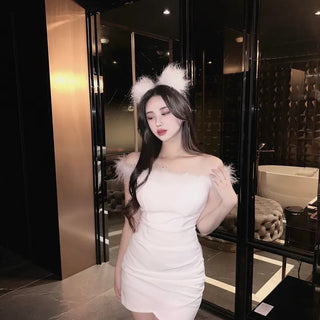 Feather-Trimmed Off-Shoulder Shirred Tulip Dress Sleeveless Party Look