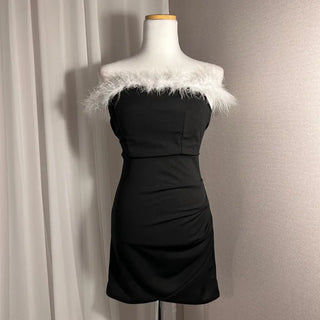 Feather-Trimmed Off-Shoulder Shirred Tulip Dress Sleeveless Party Look