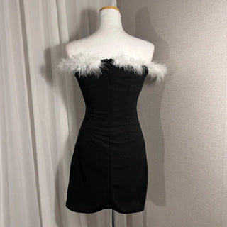 Feather-Trimmed Off-Shoulder Shirred Tulip Dress Sleeveless Party Look
