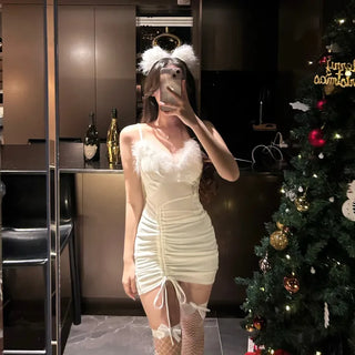 Feather-trimmed Feather Shirred Mini Dress Santa Girl Costume