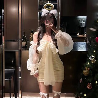Princess Ribbon Chiffon Shirred Off-Shoulder Party Dress Christmas