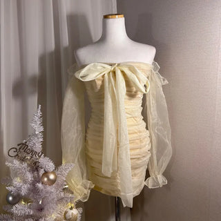 Princess Ribbon Chiffon Shirred Off-Shoulder Party Dress Christmas