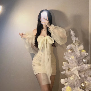 Princess Ribbon Chiffon Shirred Off-Shoulder Party Dress Christmas