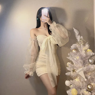 Princess Ribbon Chiffon Shirred Off-Shoulder Party Dress Christmas