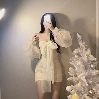 Princess Ribbon Chiffon Shirred Off-Shoulder Party Dress Christmas