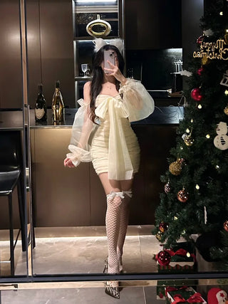 Princess Ribbon Chiffon Shirred Off-Shoulder Party Dress Christmas