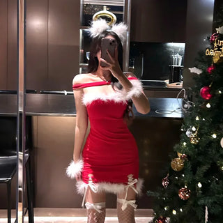 Fur-trimmed Corset Top Dress Christmas Clothes Event Look