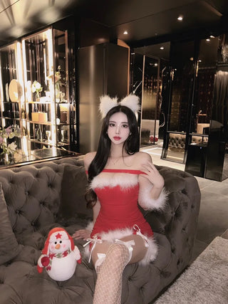 Fur-trimmed Corset Top Dress Christmas Clothes Event Look