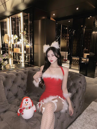 Fur-trimmed Corset Top Dress Christmas Clothes Event Look