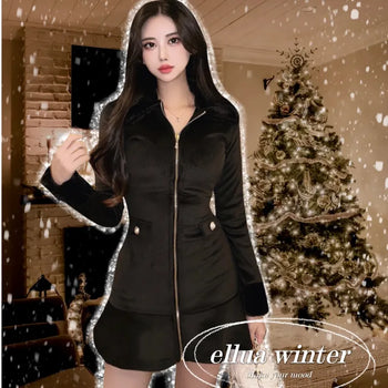 Mink Fur Trimmed Flare Pleated Dress Ribbed ChristmasEnd-of-Year