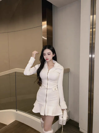 Mink Fur Trimmed Flare Pleated Dress Ribbed ChristmasEnd-of-Year