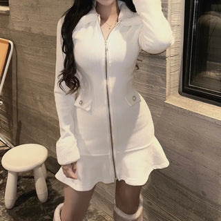 Mink Fur Trimmed Flare Pleated Dress Ribbed ChristmasEnd-of-Year