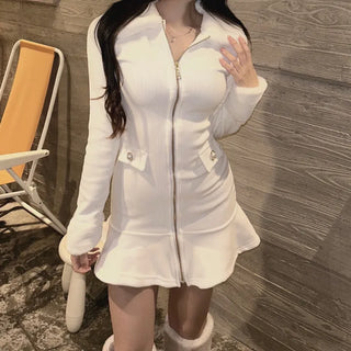 Mink Fur Trimmed Flare Pleated Dress Ribbed ChristmasEnd-of-Year