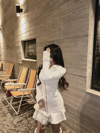 Mink Fur Trimmed Flare Pleated Dress Ribbed ChristmasEnd-of-Year