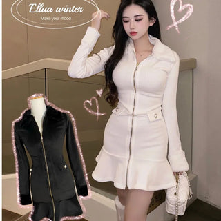 Mink Fur Trimmed Flare Pleated Dress Ribbed ChristmasEnd-of-Year